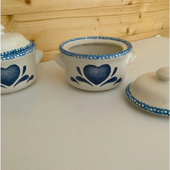 Vintage Stoneware Blue Heart Covered Soup Crock with Handles Set of 2 Farmhouse - Picture 10 of 10